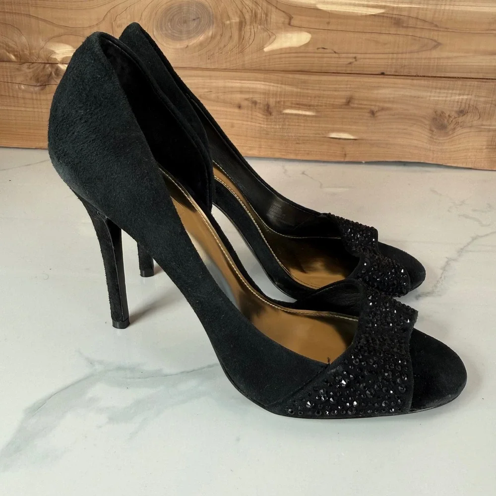 Coach Black Suede Rhinestone Peep Toe Pumps d'Orsay Stiletto Heels‎ Womens 6B